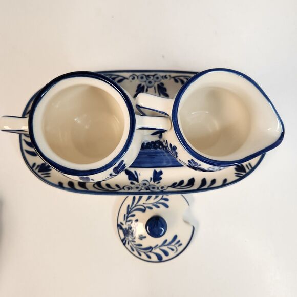 Delft Blue Mini Ceramic Creamer, Covered Sugar Bowl w/Tray Hand Painted 3 Pc Set - Picture 3 of 16